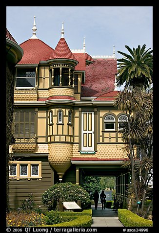 Mansion wing with door opening to a one-story drop. Winchester Mystery House, San Jose, California, USA (color)