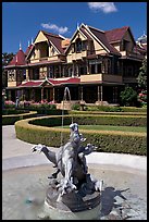 Fountain and mansion. Winchester Mystery House, San Jose, California, USA (color)