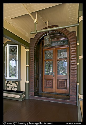 Main entrance doors, always locked. Winchester Mystery House, San Jose, California, USA (color)