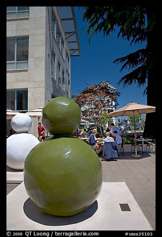 Sculpture  and outdoor restaurant terrace, Castro Street, Mountain View. California, USA