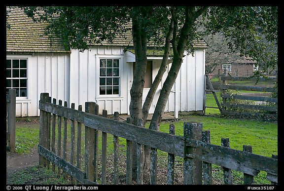 Fence and  Happy Hollow Farm, Rancho San Antonio Open Space Preserve, Los Altos. California, USA (color)