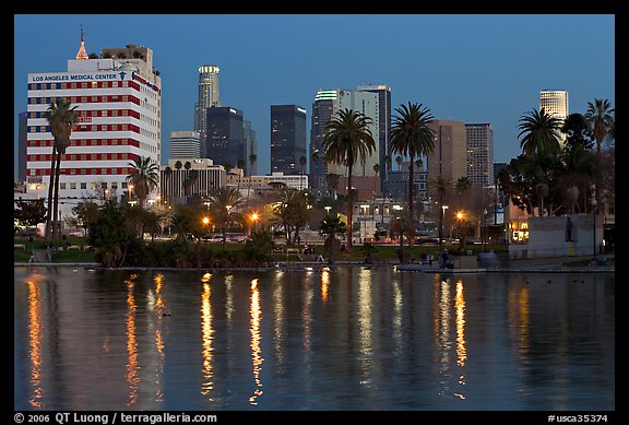 Mc Arthur Park and skyline, dusk. Los Angeles, California, USA (color)