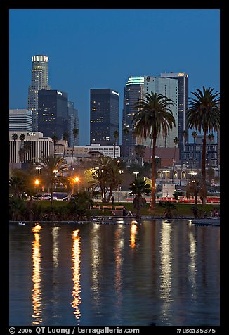 Skyline reflected in a lake in Mc Arthur Park. Los Angeles, California, USA (color)