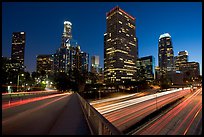 Bridge, Harbor Freeway, and skyline at nightfall. Los Angeles, California, USA ( color)