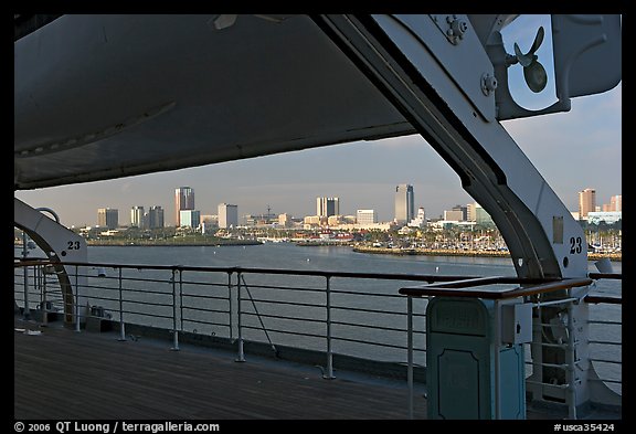 Skyline of Long Beach, seen from the deck of the Queen Mary. Long Beach, Los Angeles, California, USA (color)