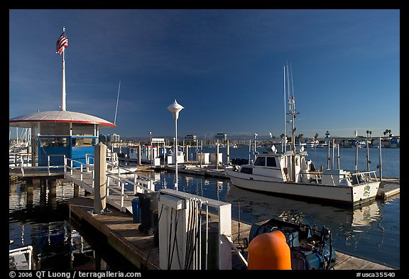 Fishing boat and harbor gas station. Marina Del Rey, Los Angeles, California, USA