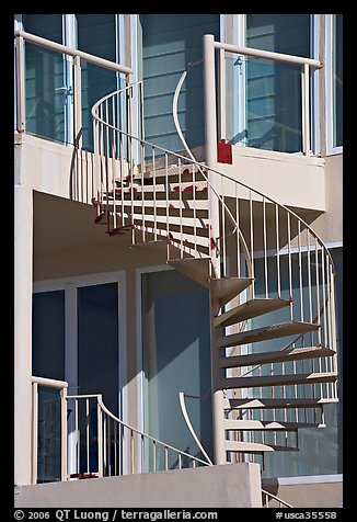 Facade detail of beach house with spiral stairway. Santa Monica, Los Angeles, California, USA (color)