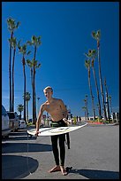Surfer and palm trees. Venice, Los Angeles, California, USA