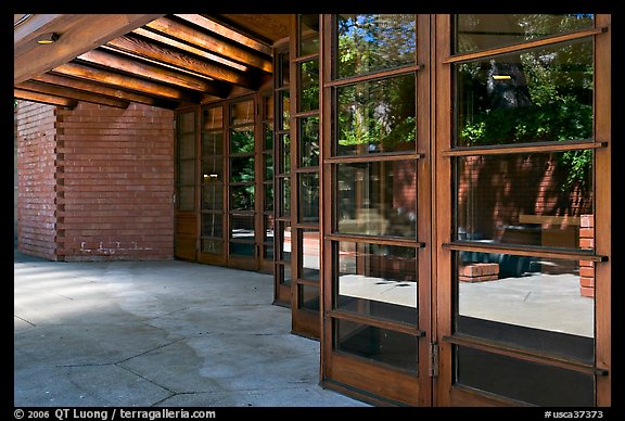 Windows outside the Library, Hanna House, designed by Frank Lloyd Wright. Stanford University, California, USA