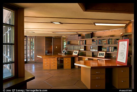 Library with fireplace,  Frank Lloyd Wright Honeycomb House. Stanford University, California, USA