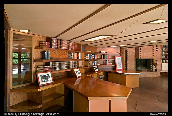 Hexagonally shaped desks in library, Hanna House. Stanford University, California, USA (color)