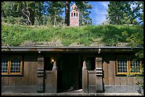 Wooden walls and Scandinavian-style grass-covered roof, Vikingsholm, Lake Tahoe, California. USA (color)