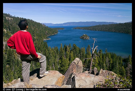 Man standing above Emerald Bay, Lake Tahoe, California. USA (color)