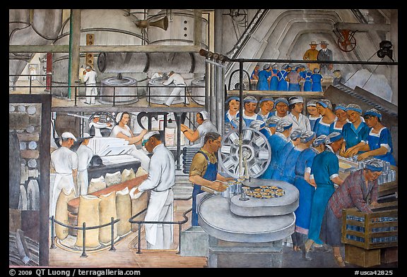Factory workers depicted in mural fresco inside Coit Tower. San Francisco, California, USA (color)