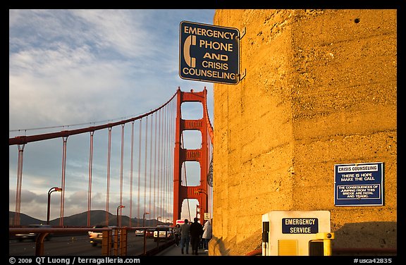 Suicide prevention signs on Golden Gate Bridge. San Francisco, California, USA