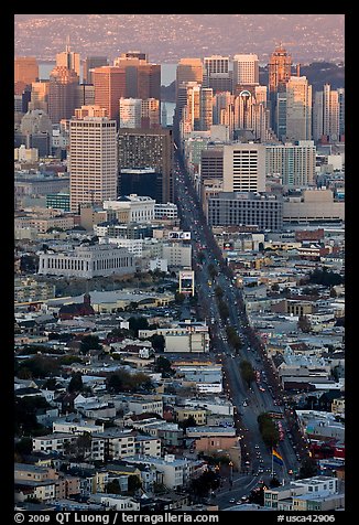Market Avenue and downtown viewed from above at sunset. San Francisco, California, USA