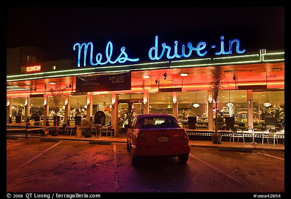 Mels drive-in dinner at night. San Francisco, California, USA (color)