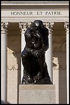 Rodin sculpture The Thinker and Legion of Honor motto in French. San Francisco, California, USA (color)