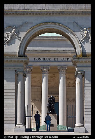 Entrance, Rodin sculpture, and tourists, California Palace of the Legion of Honor museum. San Francisco, California, USA (color)