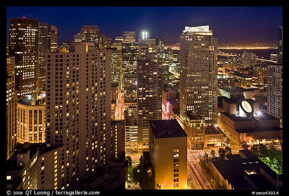 High-rise buildings and SF MOMA at night from above. San Francisco, California, USA (color)