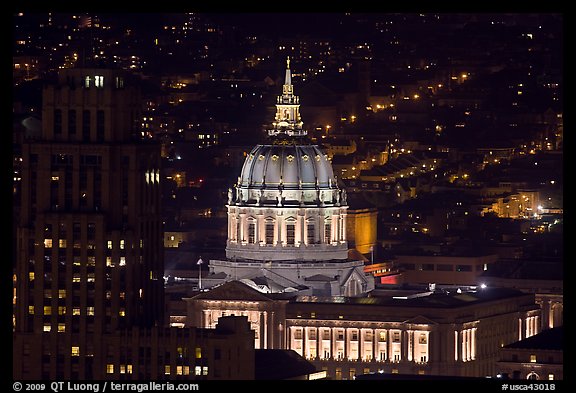 City Hall at night from above. San Francisco, California, USA (color)