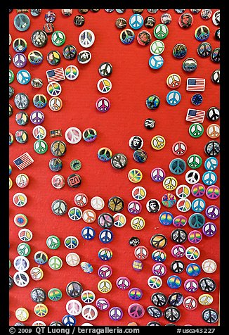 Buttons with peace symbols. San Francisco, California, USA