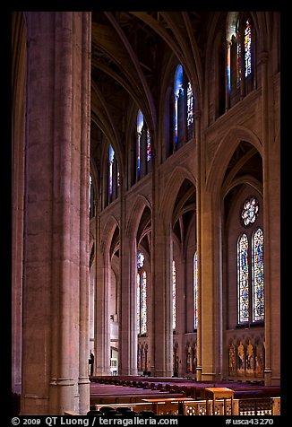 Nave and stained glass windows, Grace Cathedral. San Francisco, California, USA (color)