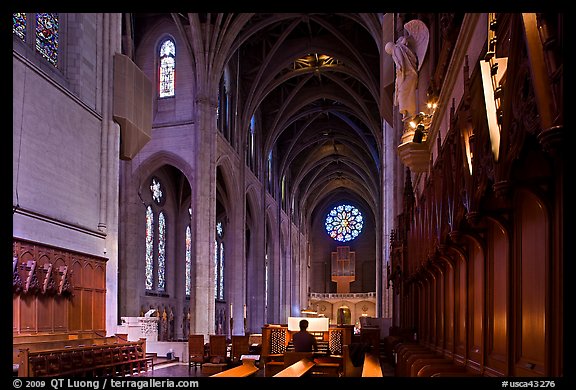 Grace Cathedral interior with church organist, Grace Cathedral. San Francisco, California, USA (color)