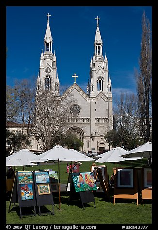 Art fair and St Peter and Paul Church, North Beach. San Francisco, California, USA