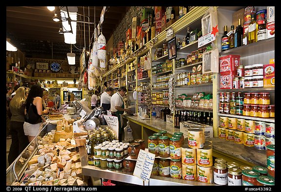 Italian grocery store interior with customers, Little Italy, North Beach. San Francisco, California, USA (color)