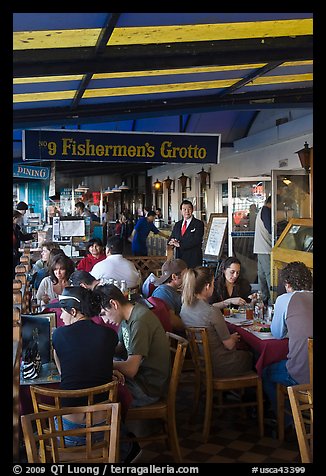 Outdoor terrace of seafood restaurant, Fishermans wharf. San Francisco, California, USA