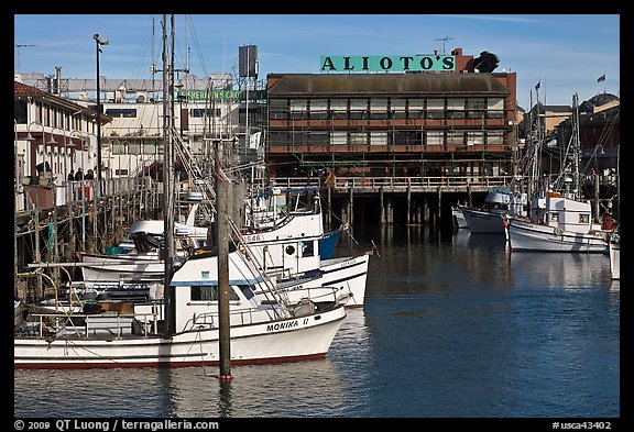 Aliotos restaurant and fishing fleet, Fishermans wharf. San Francisco, California, USA