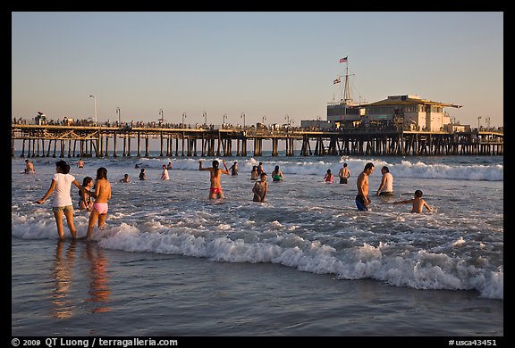 Beach shore and Santa Monica Pier, late afternoon. Santa Monica, Los Angeles, California, USA (color)