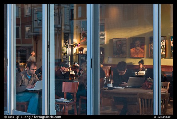 Cafe seen through windows, Mission District. San Francisco, California, USA (color)