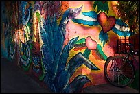 Bicycle and last light on mural, Mission District. San Francisco, California, USA