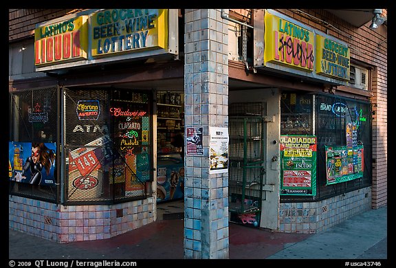 Corner grocery and liquor store, Mission District. San Francisco, California, USA (color)