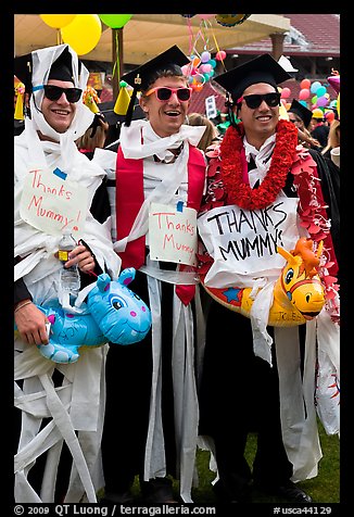 Students dressed up in creative costumes giving thanks to parents. Stanford University, California, USA (color)