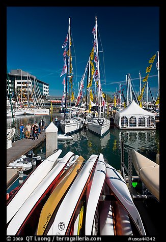Kayaks and yachts, Jack London Square. Oakland, California, USA