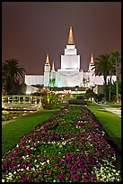 Oakland LDS temple and grounds by night. Oakland, California, USA