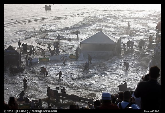 Tidal wave washing booth during mavericks contest. Half Moon Bay, California, USA