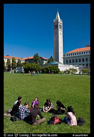 Students on lawn with Campanile in background. Berkeley, California, USA