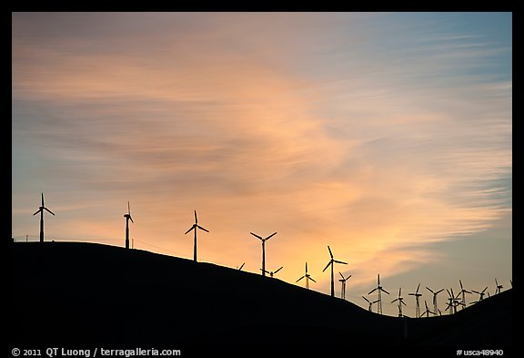 Wind farm silhouetted on hill, Altamont. California, USA