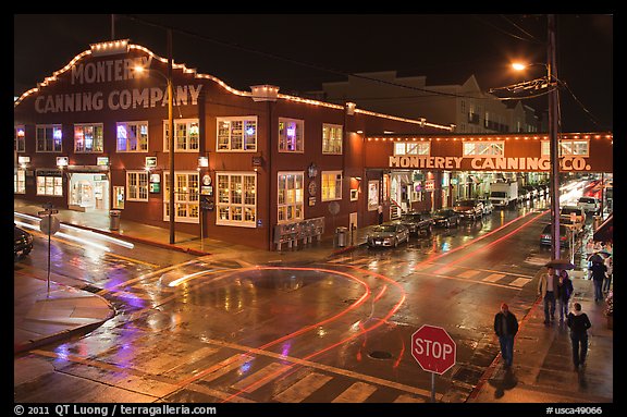 Monterey Canning company building and streets at night. Monterey, California, USA (color)