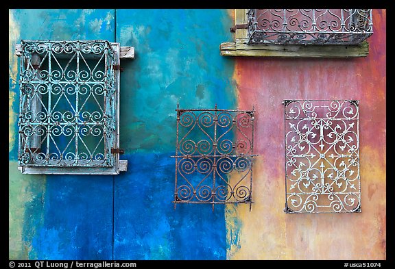 Painted wall and grids. Santana Row, San Jose, California, USA