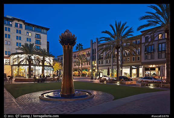 Park at dusk. Santana Row, San Jose, California, USA