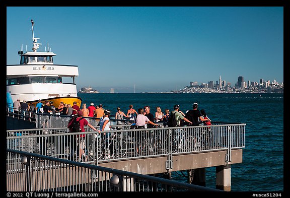 Arrival of San Francisco ferry, Sausalito. California, USA (color)