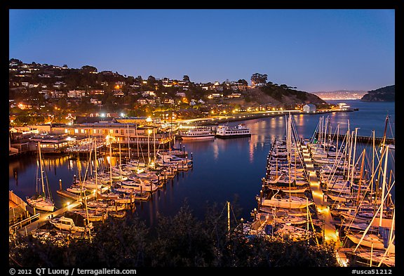 Belvedere Harbor at night. California, USA