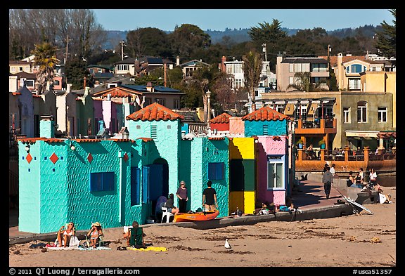 Beachfront with vividly painted cottages. Capitola, California, USA (color)
