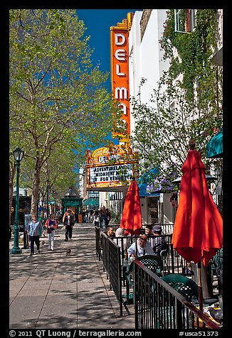 Outdoor tables and theater on Pacific Avenue. Santa Cruz, California, USA (color)