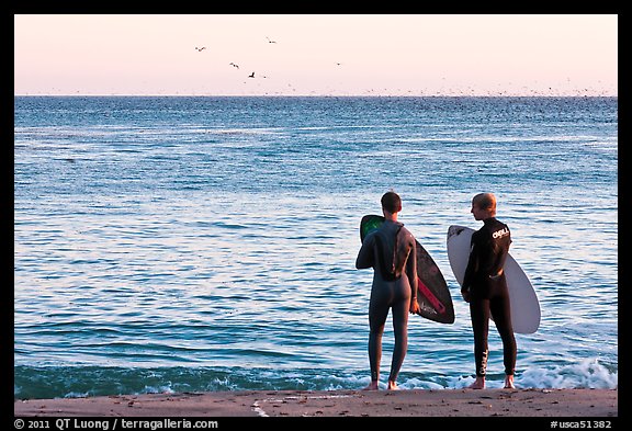 Surfers holding boards, open ocean, and birds. Santa Cruz, California, USA